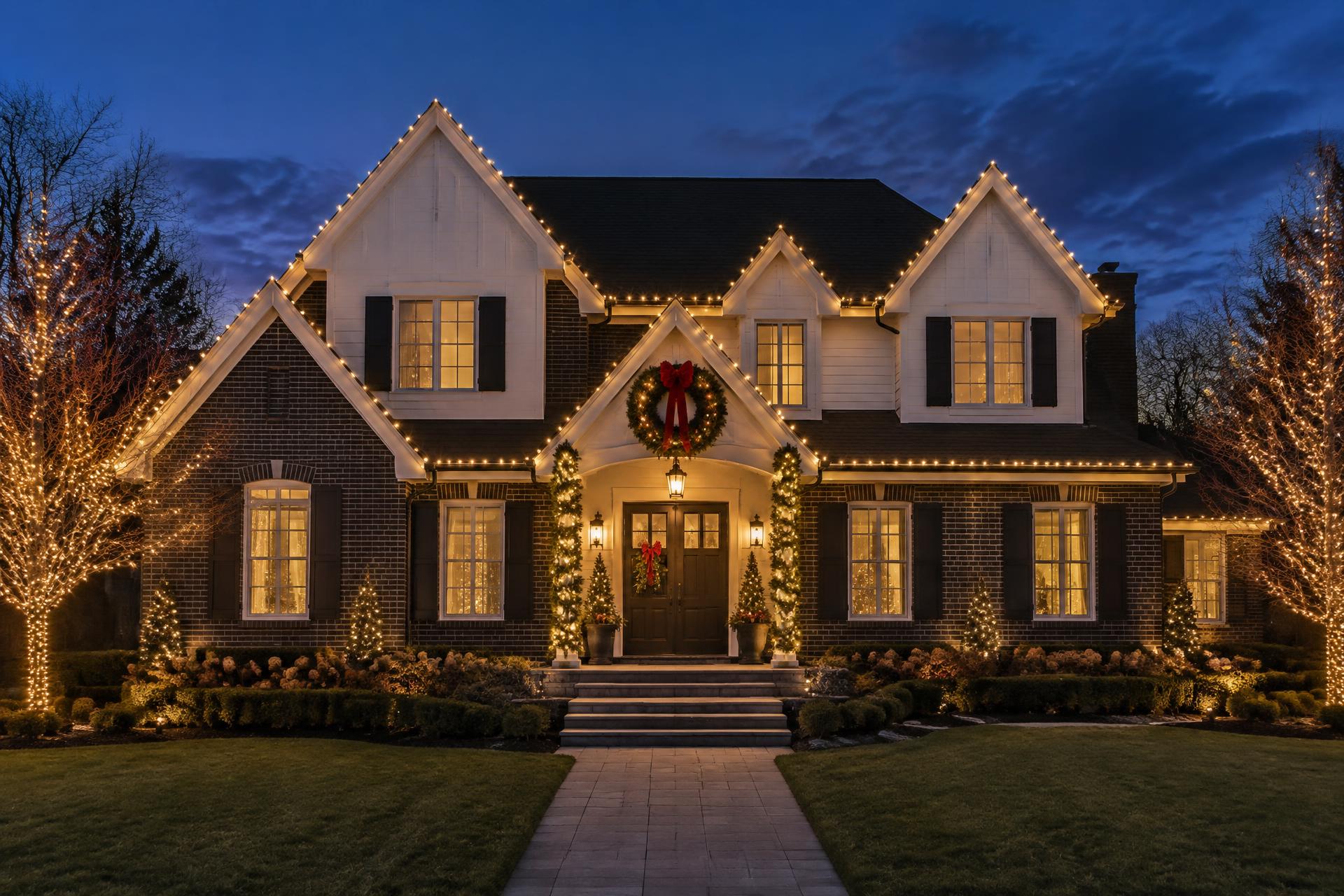 A home glowing with Christmas roofline lights, wreaths and wrapped trees
